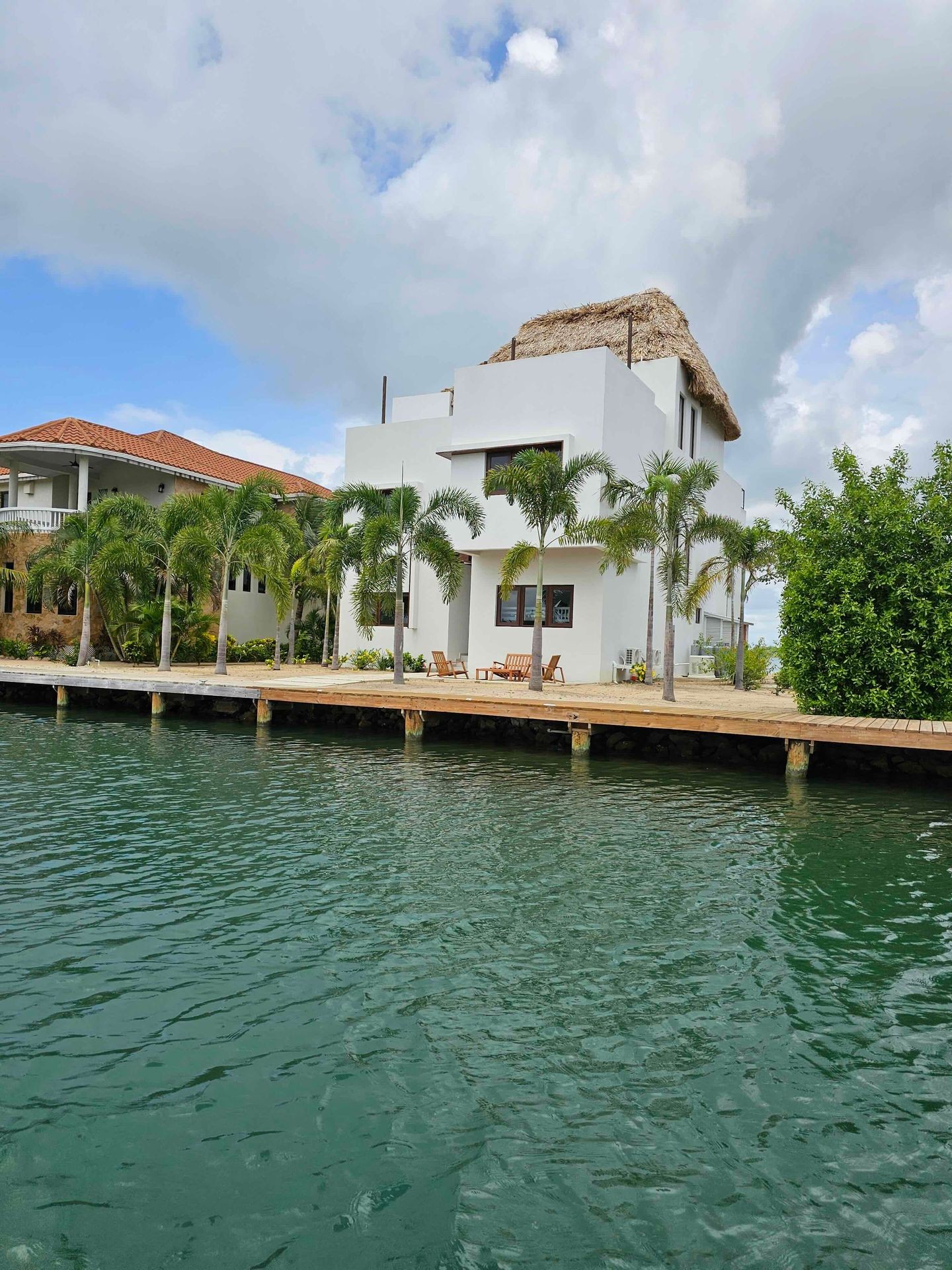 Modern white house with palm trees by a waterfront under a cloudy sky.